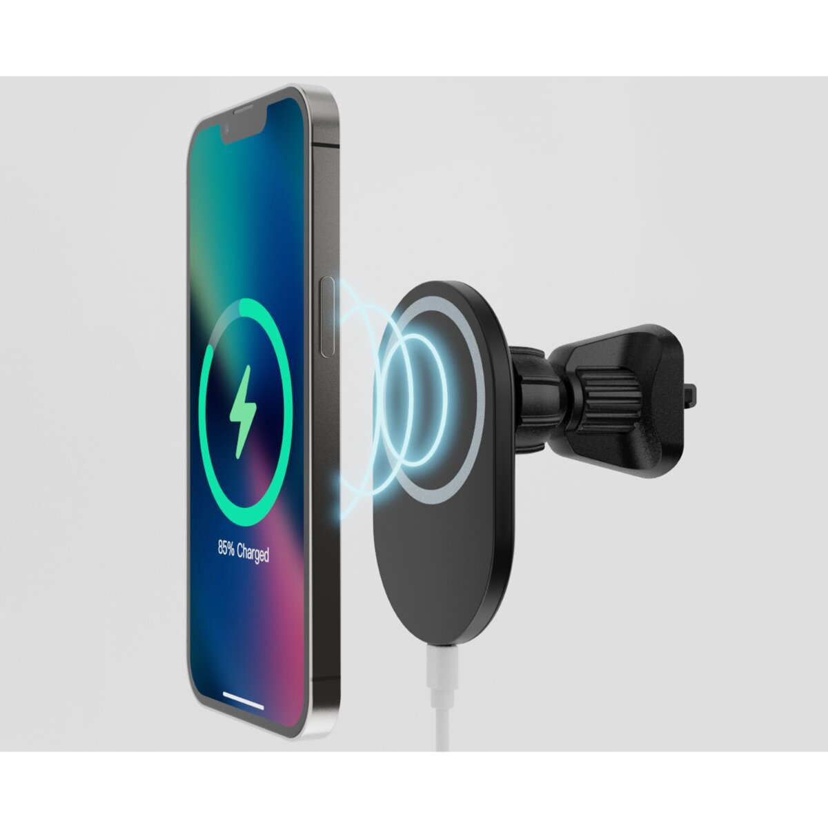 Ein Smartphone wird kabellos geladen, zeigt 85% Ladung an, verbunden mit einer schwarzen magnetischen Autohalterung mit leuchtend blauen Ringen.