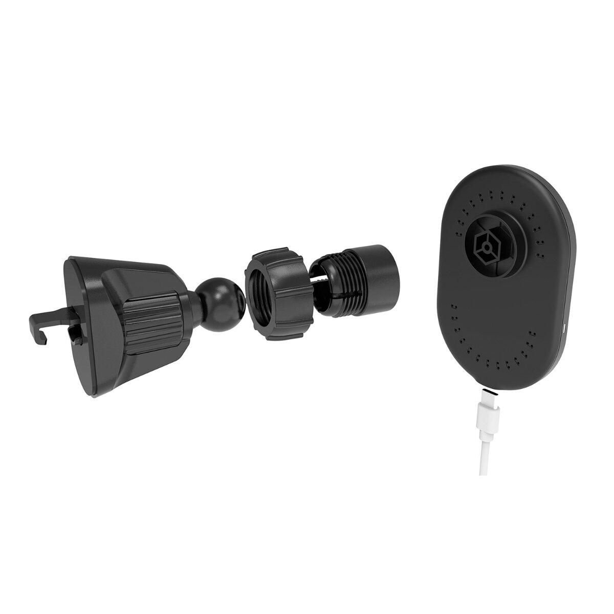 Schwarzer Auto-Lüftungshalter und Ladegerät mit USB-Kabel.