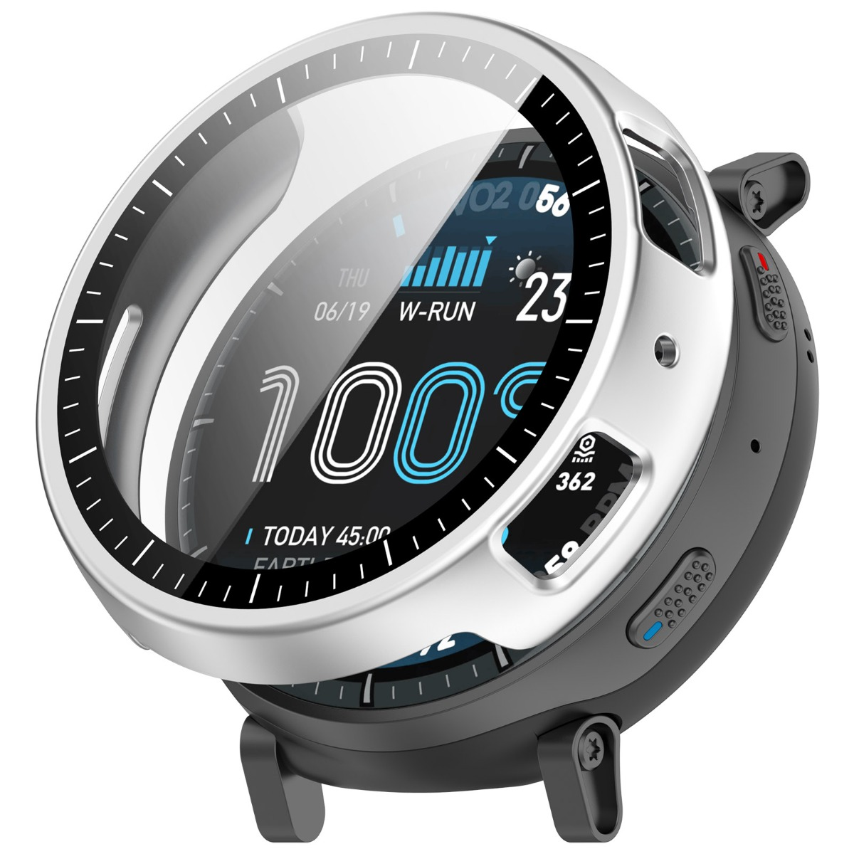 Eine silberne und schwarze Smartwatch mit klarem Displayschutz zeigt Zeit, Datum und Aktivitätsdaten, schräg auf weißem Hintergrund.