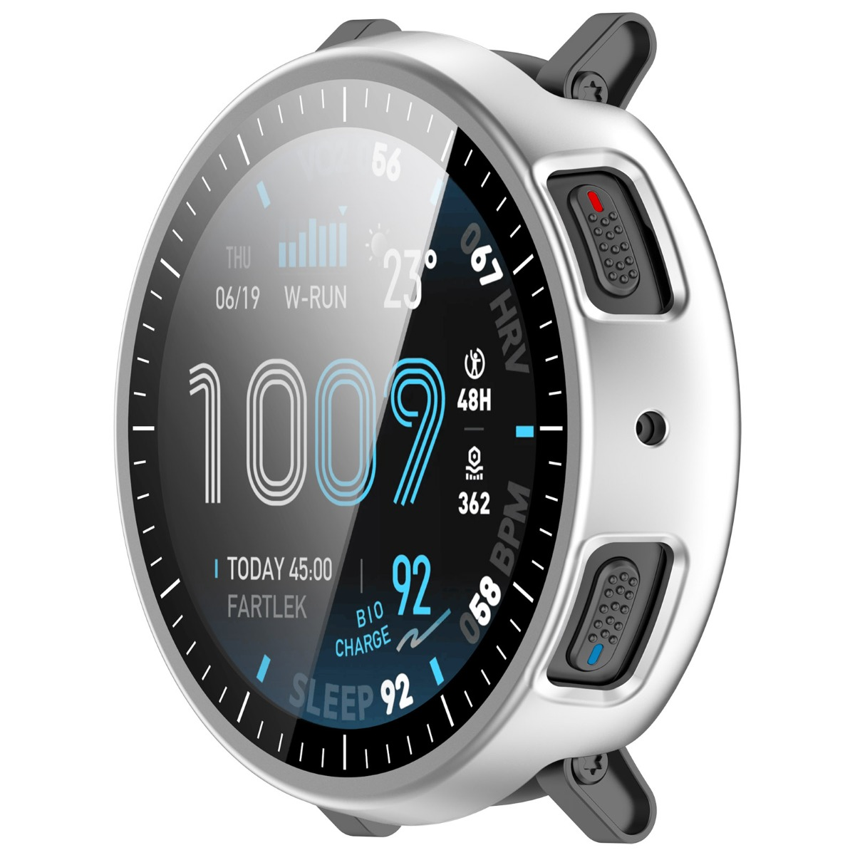 Silberne Smartwatch mit rundem Display zeigt 100% Ladezustand, 23 Grad, und Schlafdaten.