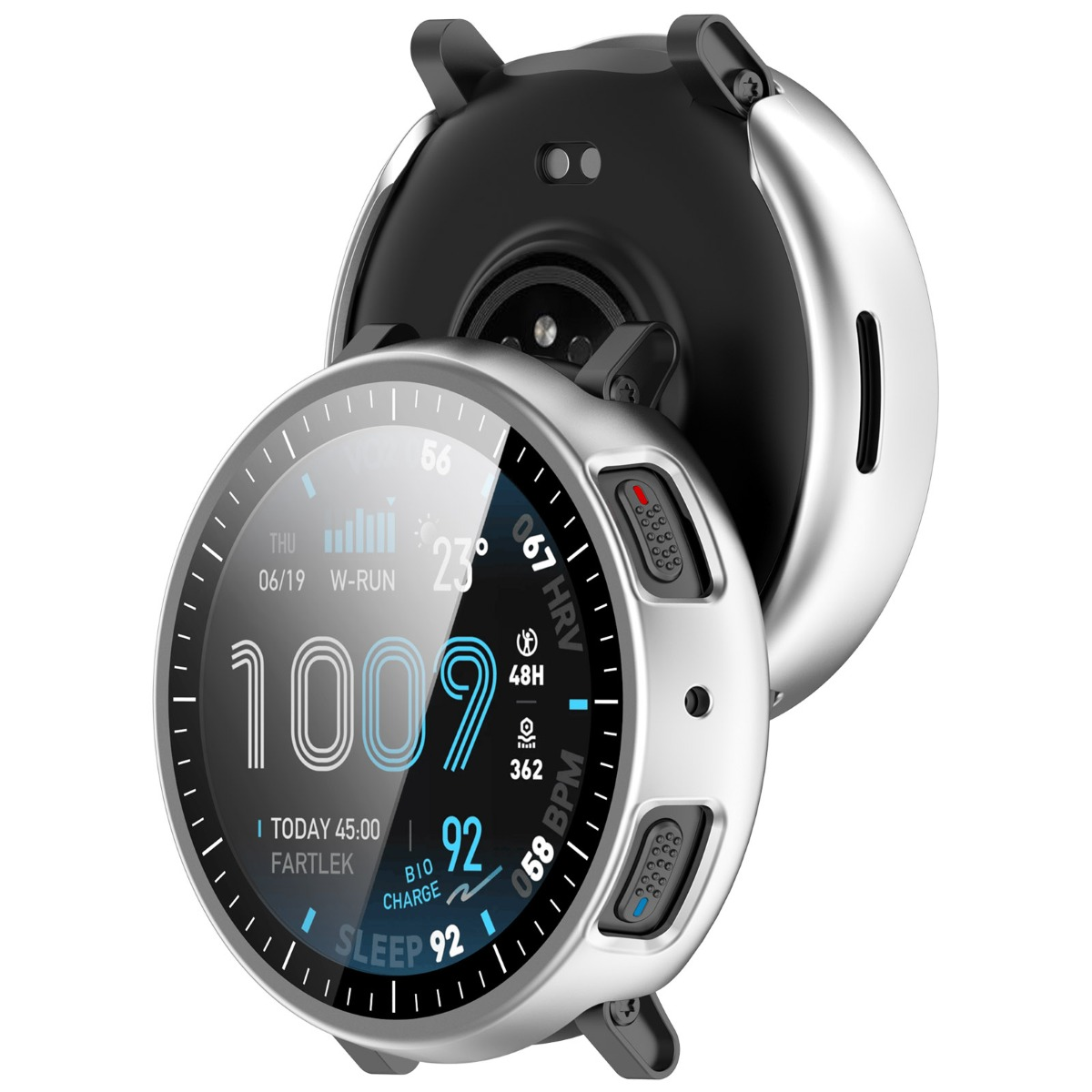 Eine silberne Smartwatch mit einem digitalen Display, das Uhrzeit, Datum und Gesundheitsdaten anzeigt.