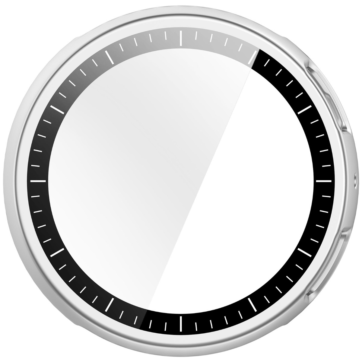 Eine silberne Smartwatch mit einem weißen Zifferblatt und schwarzen Markierungen.