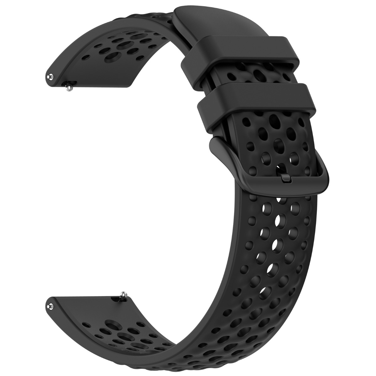 Ein schwarzes Silikonarmband mit perforiertem Design und einer schwarzen Schnalle, auf weißem Hintergrund.