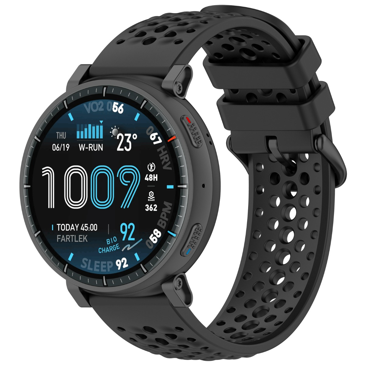 Schwarze Smartwatch mit Ladeanzeige, Herzfrequenz und Wetterdaten.