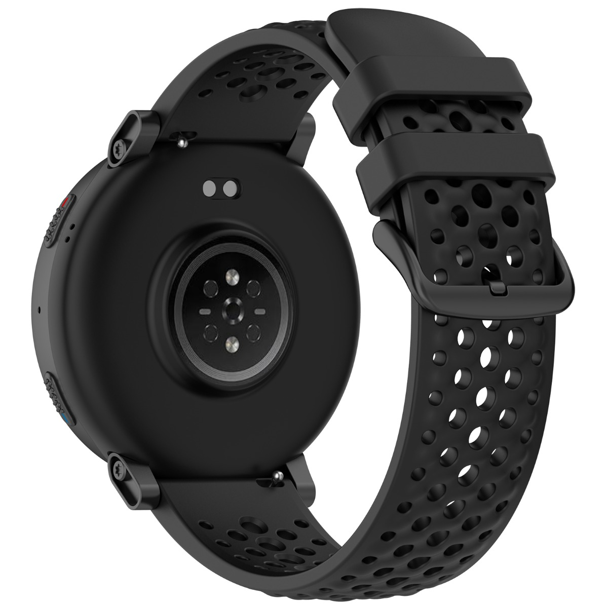 Schwarze Smartwatch-Rückseite mit Herzfrequenzsensor und perforiertem Armband.