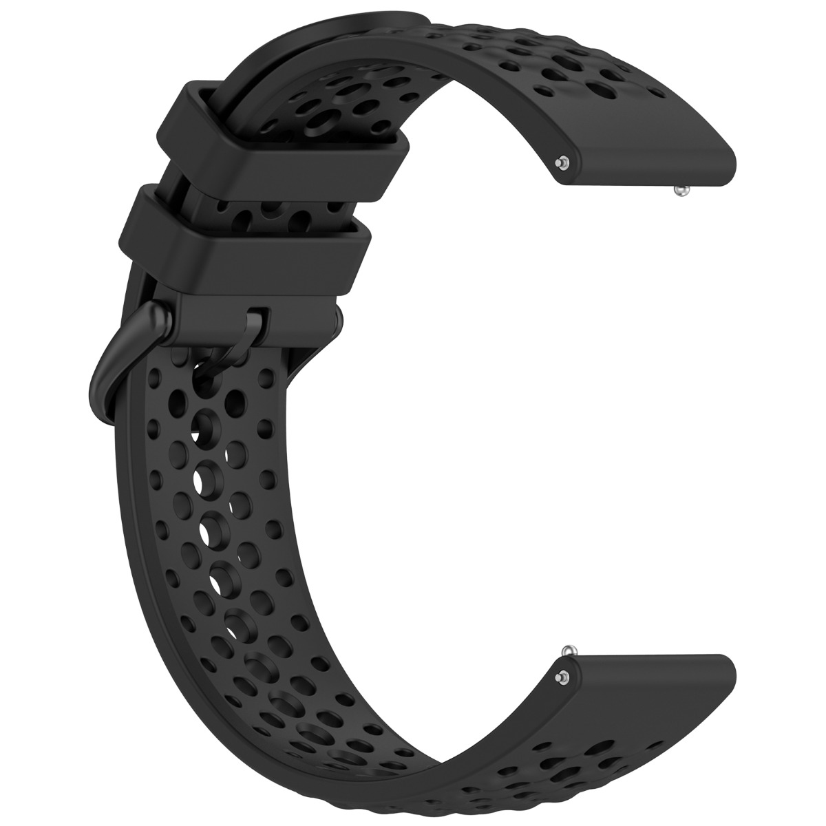 Schwarzes Silikon-Uhrenarmband mit Perforationen und Metallschnalle.