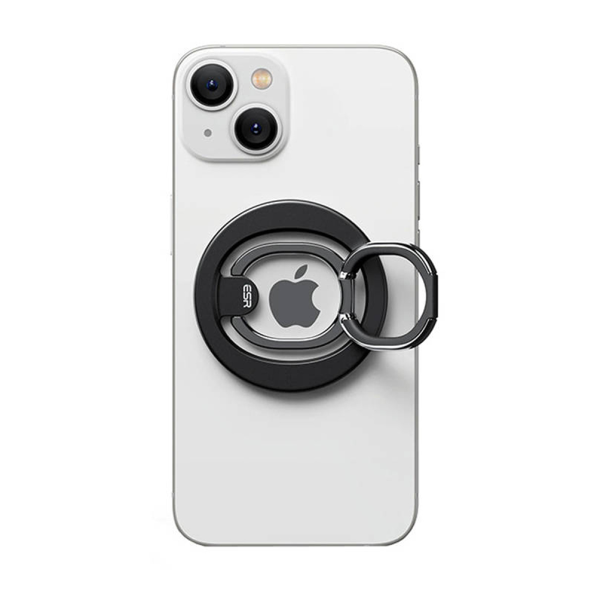 Ein weißes iPhone mit schwarzem Ringhalter auf der Rückseite, das das Apple-Logo zeigt.