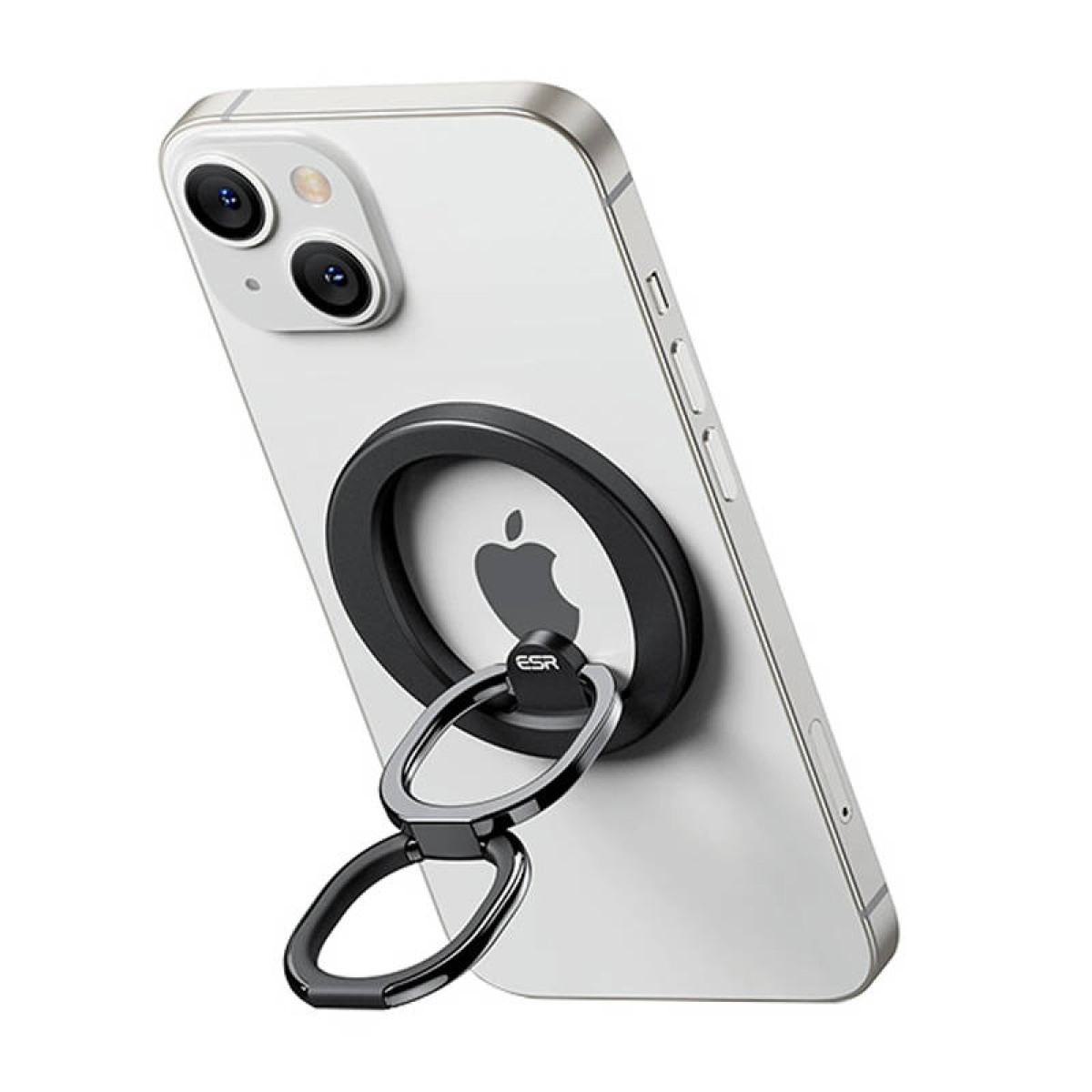 Ein silbernes iPhone mit einem schwarzen Ringhalter und einem ausklappbaren Griff.