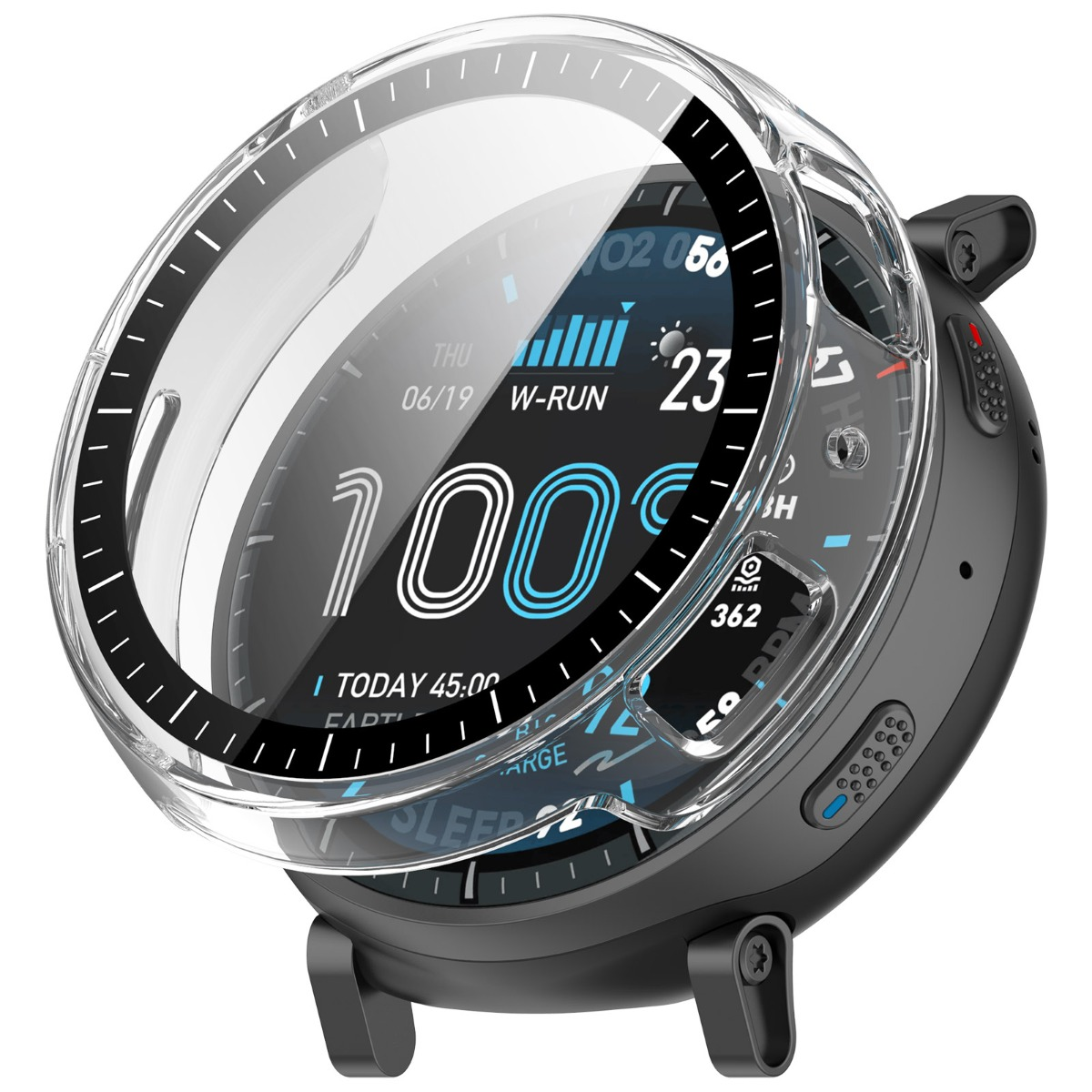 Eine klare Schutzhülle bedeckt eine schwarze Smartwatch mit einem lebendigen Display, das 100 % anzeigt.