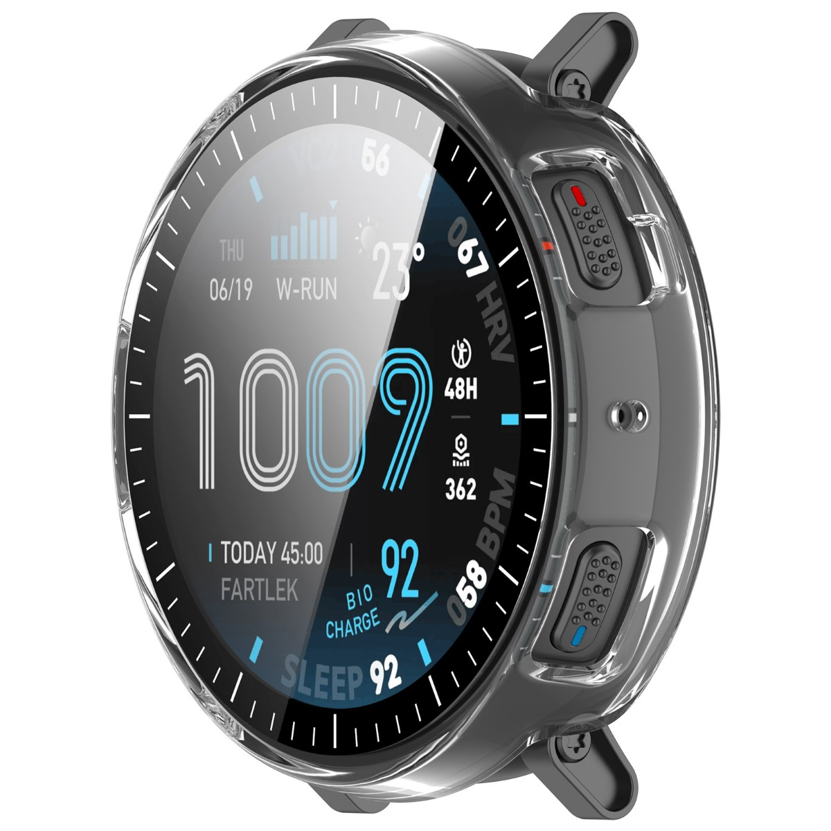 Eine runde Smartwatch mit einem transparenten Gehäuse und einem Display, das Daten anzeigt.