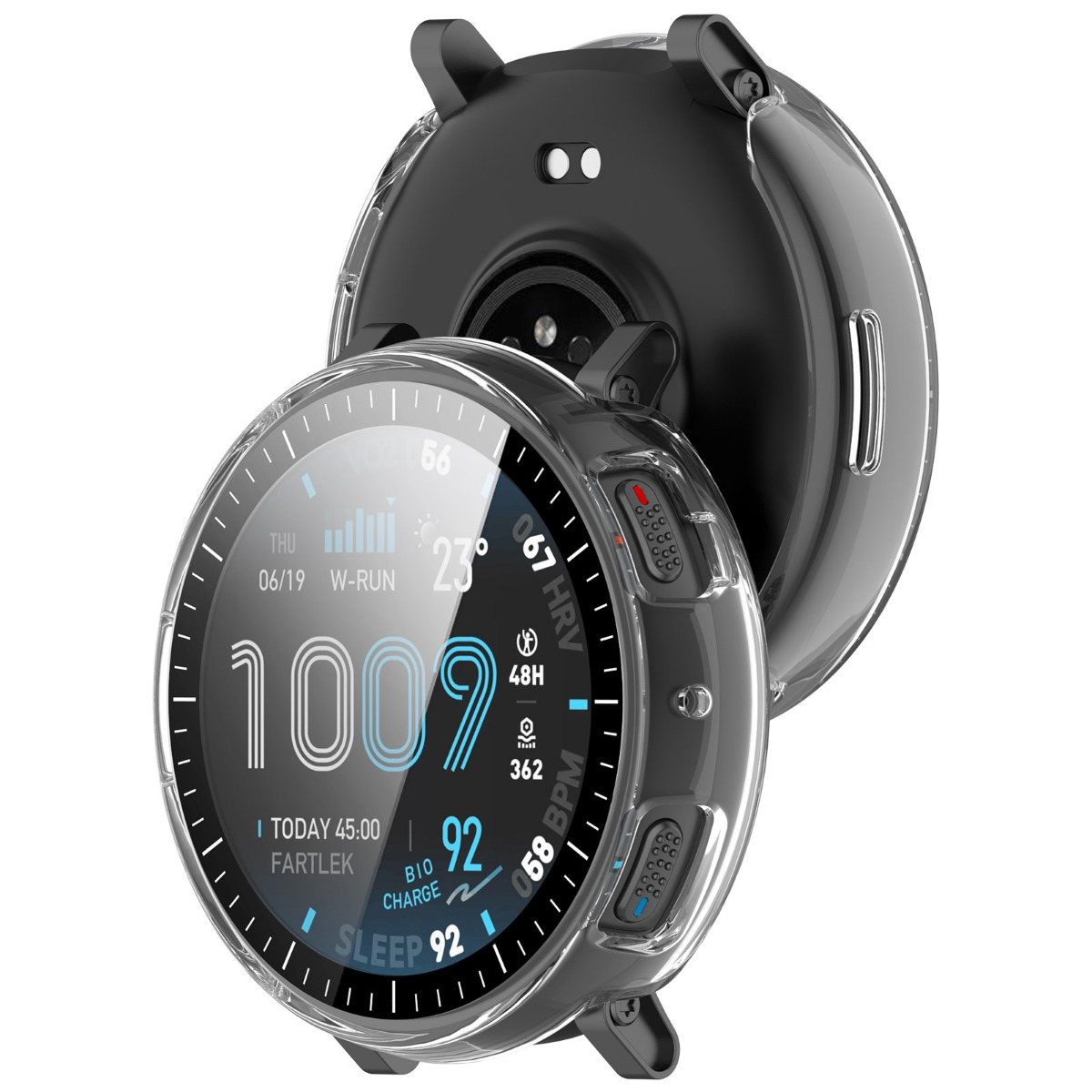 Transparente Hülle auf einer Smartwatch mit Uhrzeit, Herzfrequenz, Schritten und Schlafdaten.