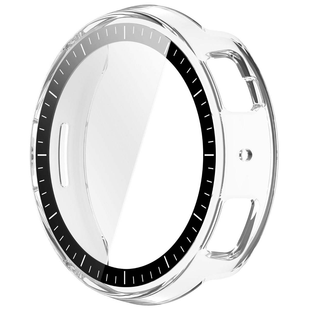 Ein klares, kreisförmiges Schutzgehäuse für eine Smartwatch mit Aussparungen für Tasten und Sensoren, mit einer schwarz-weißen Lünette.