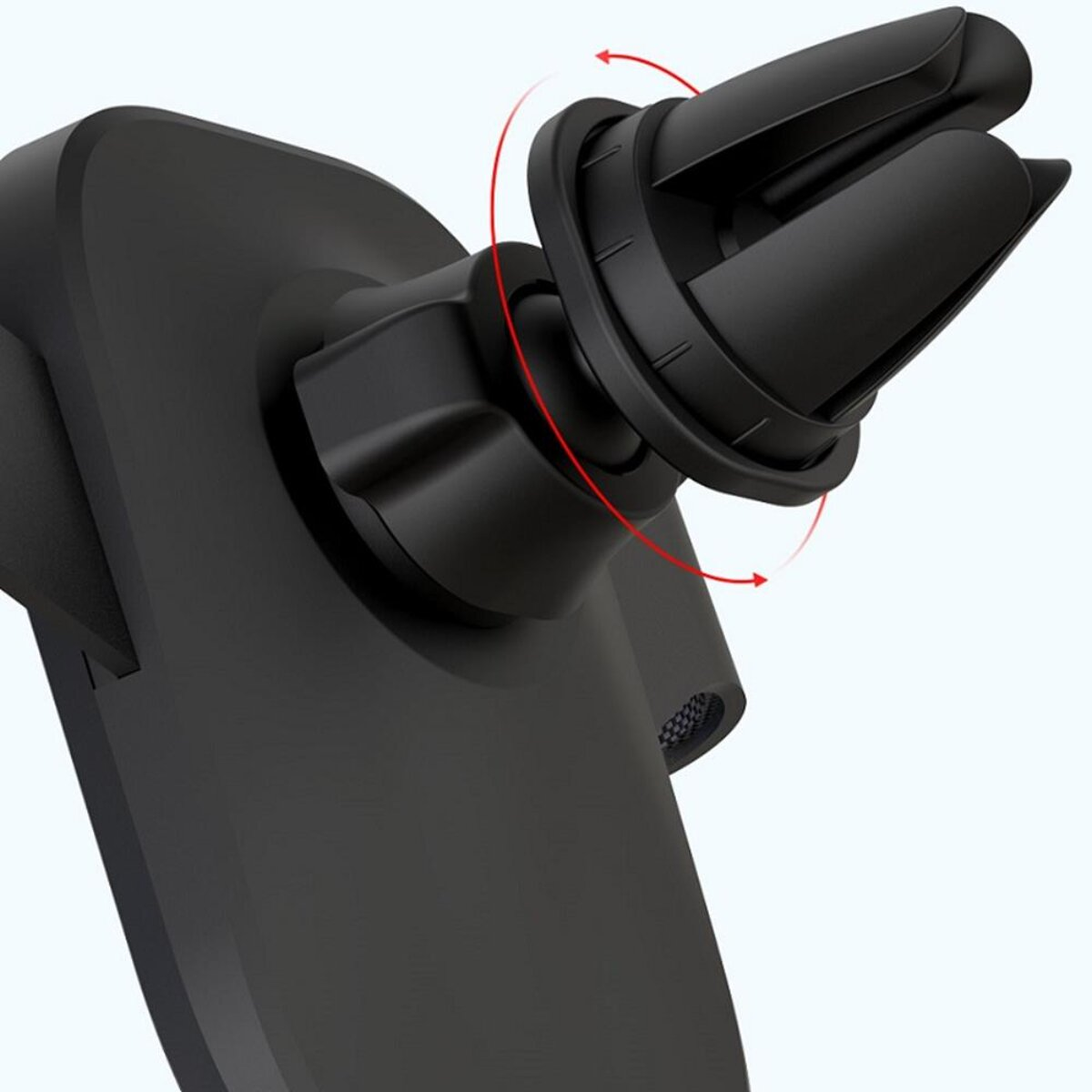 Schwarzer Handyhalter für Lüftungsschlitze mit roten Drehpfeilen.