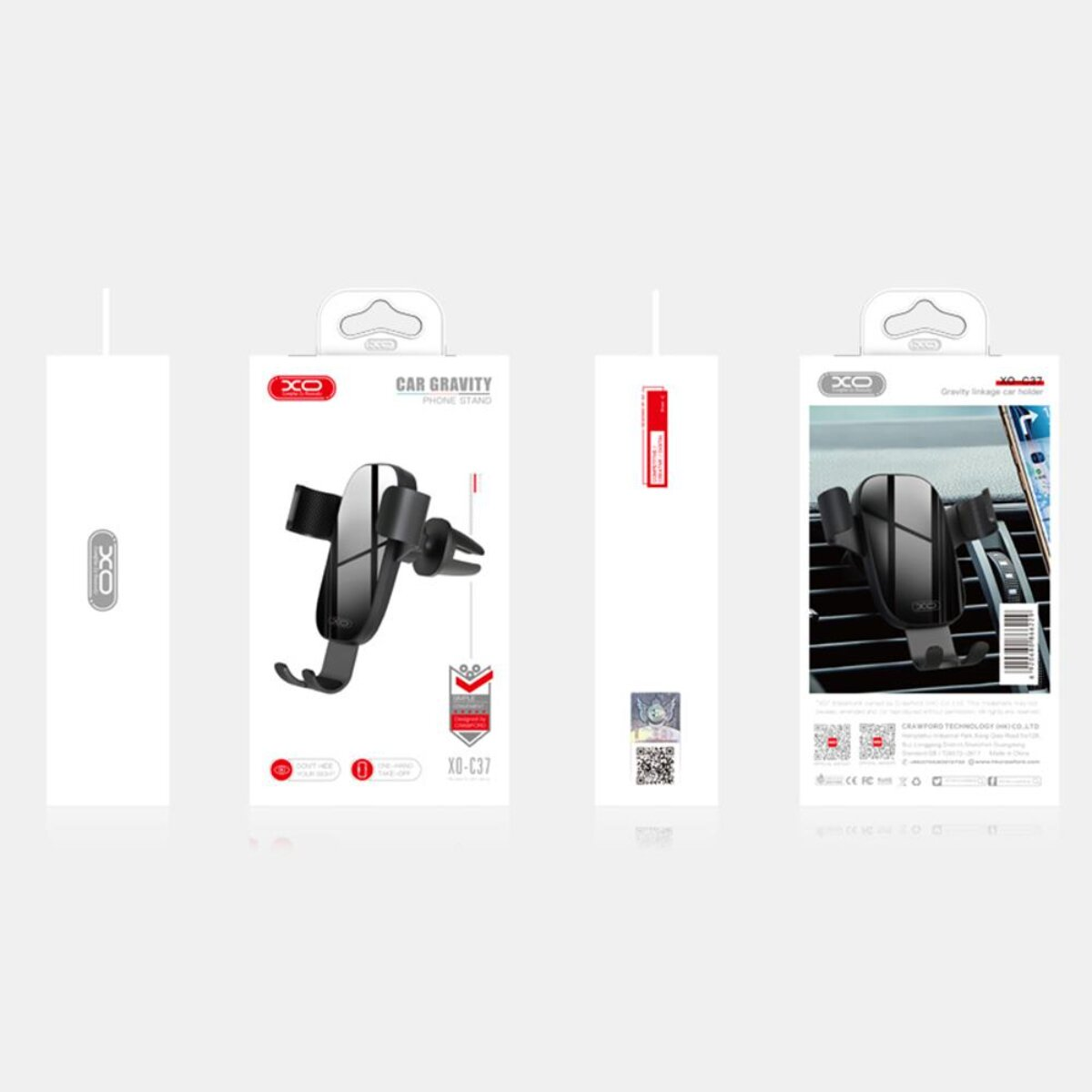 Verpackung eines schwarzen Kfz-Handyhalters mit Gravity-Linkage-Funktion.