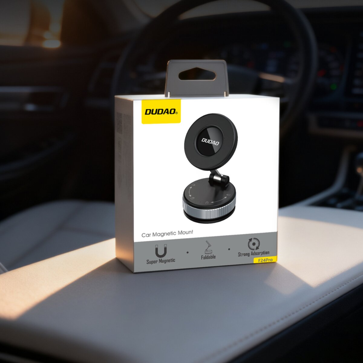DUDAO Auto-Handyhalterung auf weißer Verpackung in einem Auto.