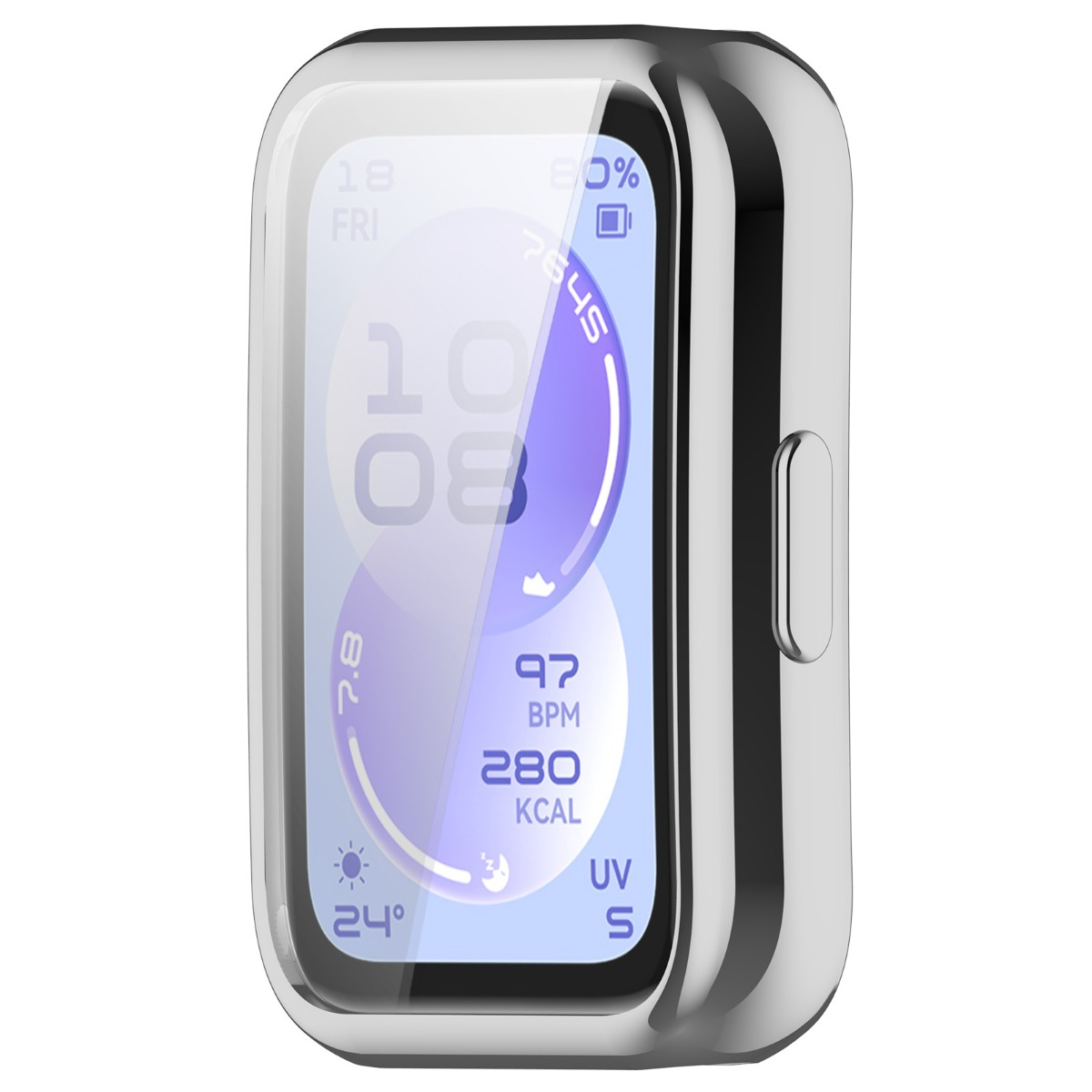 Silberne Smartwatch mit blauem Zifferblatt, zeigt Zeit, Herzfrequenz, Kalorien, 24°C.