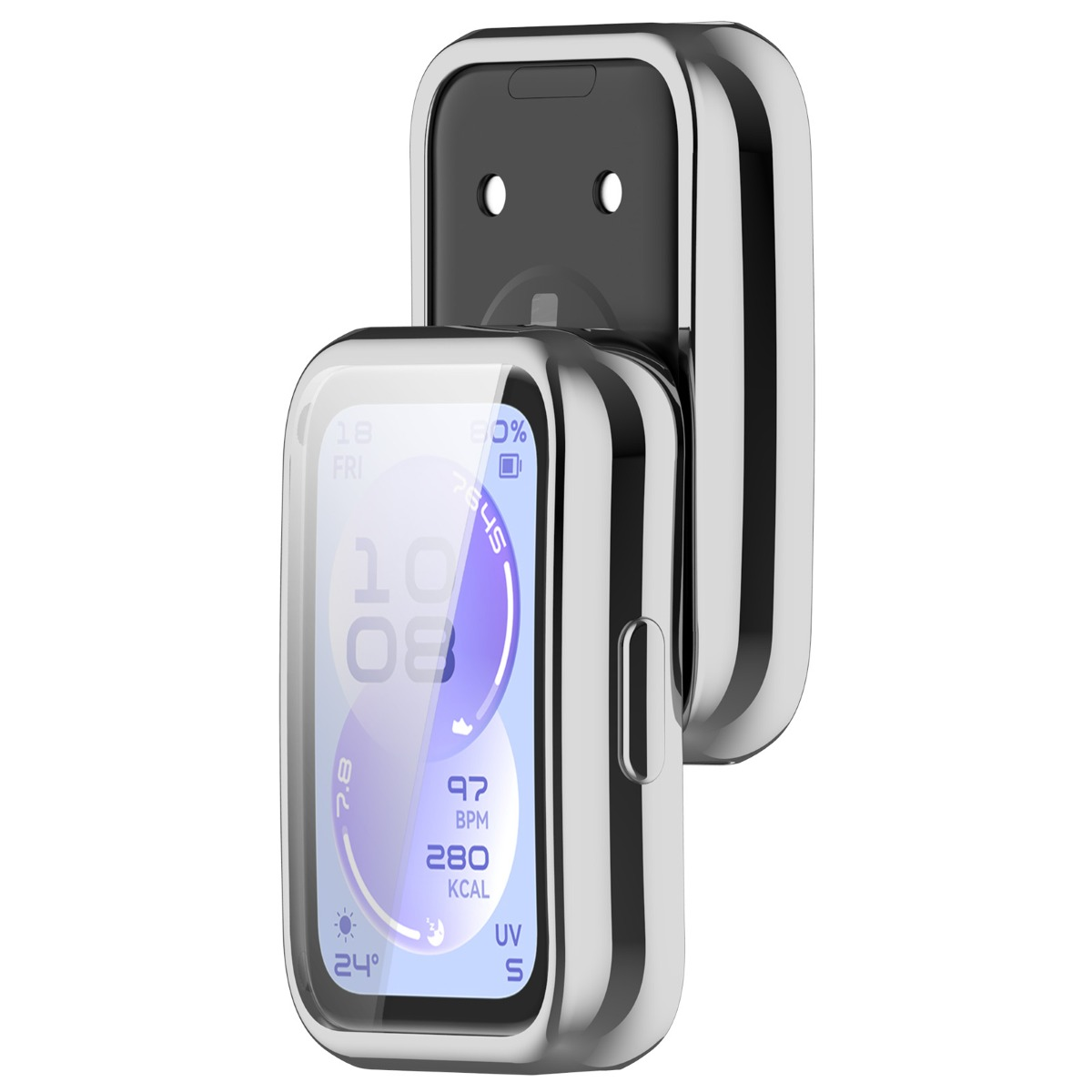Eine silberne Smartwatch mit einem Bildschirm, der Uhrzeit, Datum, Herzfrequenz und Kalorien anzeigt.