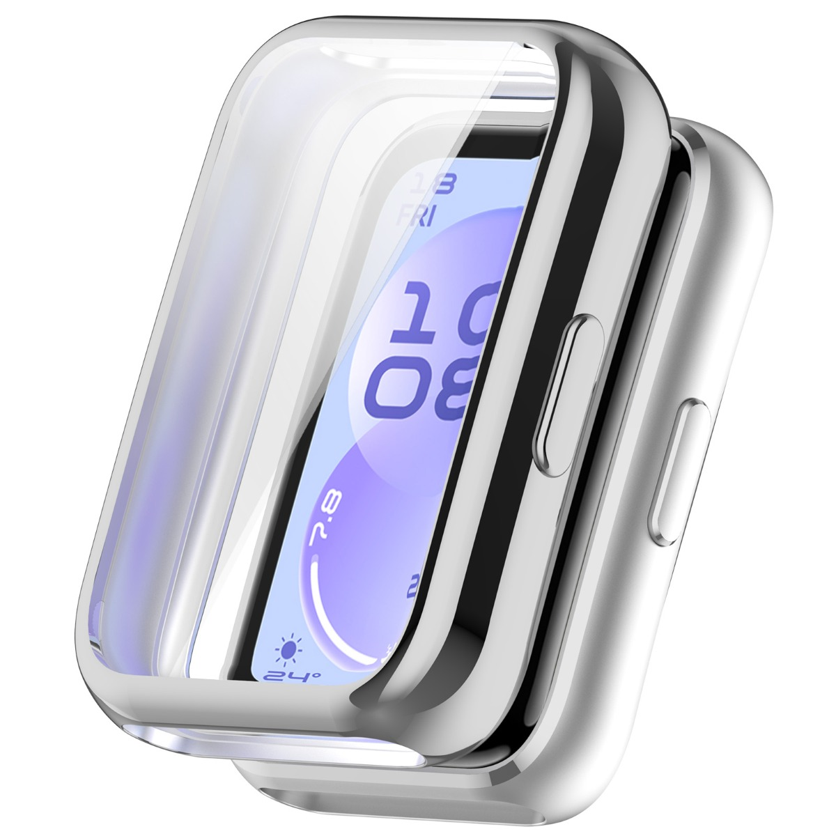 Silberne Smartwatch mit transparentem Schutzgehäuse und digitaler Anzeige.