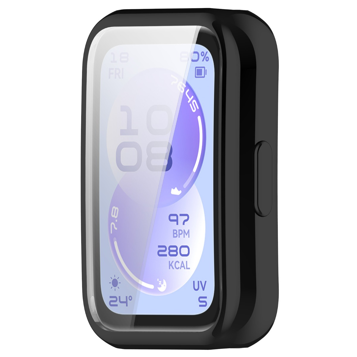 Schwarze Smartwatch mit blauem Zifferblatt zeigt Zeit, Datum, Puls und Kalorien an.