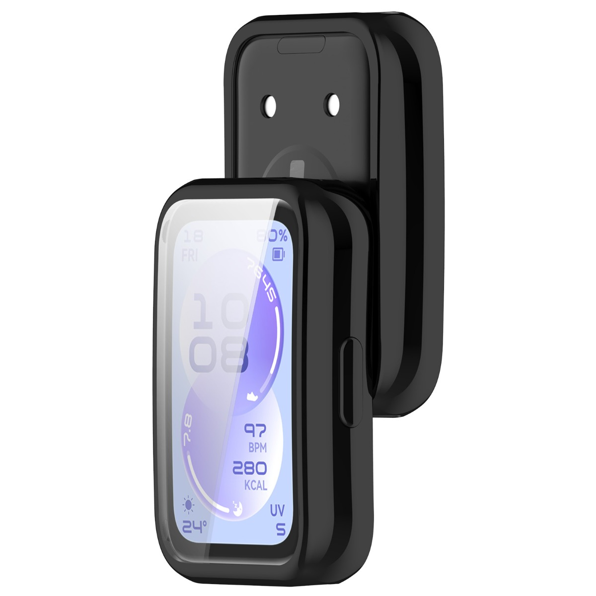 Ein schwarzes Smartwatch-Gehäuse mit Display zeigt Uhrzeit, Herzfrequenz und Kalorien.