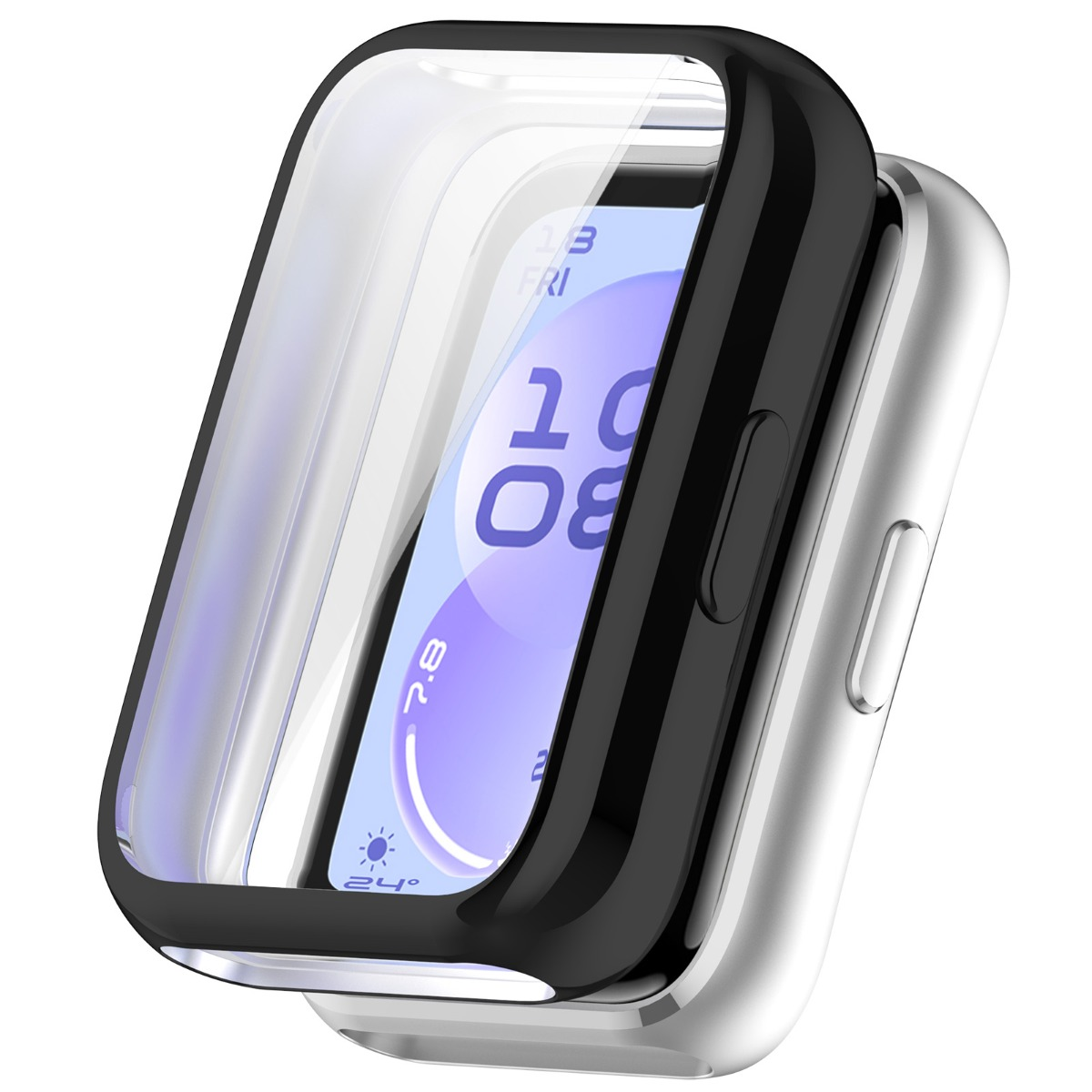 Silberne Smartwatch mit schwarzem und klarem Schutzgehäuse, zeigt Uhrzeit und Wetter an.