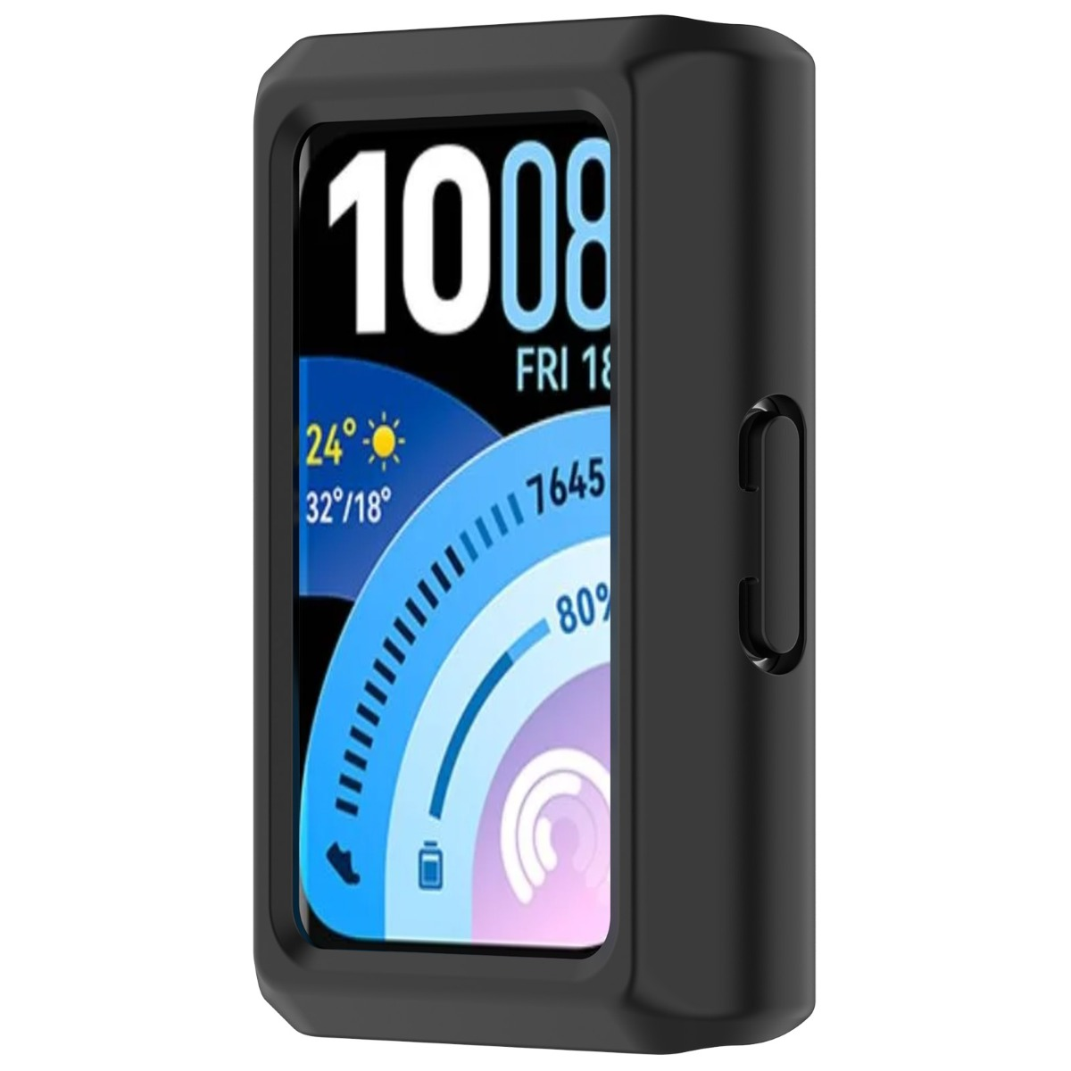 Custodia protettiva nera per smartband rettangolare, con quadrante colorato.