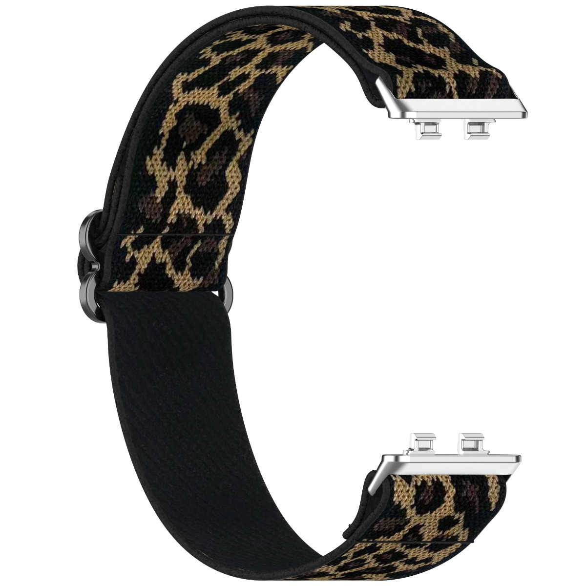 Ein Armband mit Leopardenmuster und silbernen Anschlüssen.