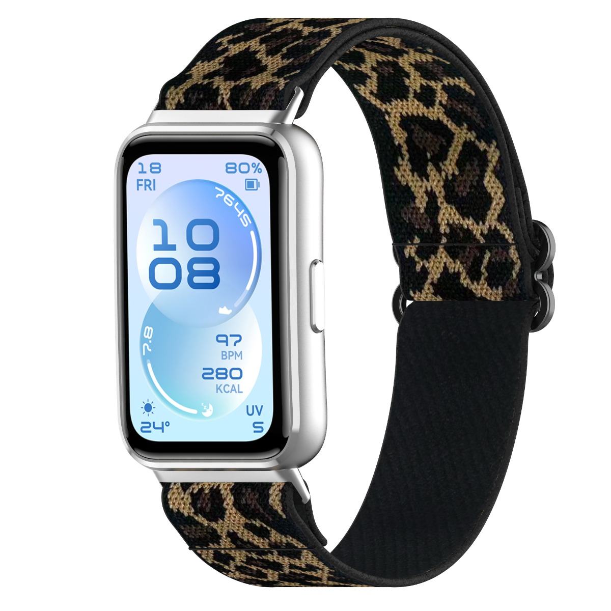 Silberne Smartwatch mit Leopardenmuster-Armband, zeigt 10:08 Uhr, 97 BPM, 280 Kcal.