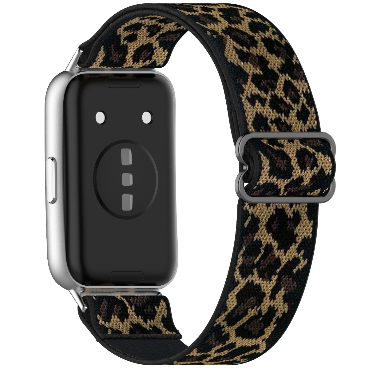 Silberne Smartwatch mit Leopardenmuster-Armband und schwarzem Gehäuse.