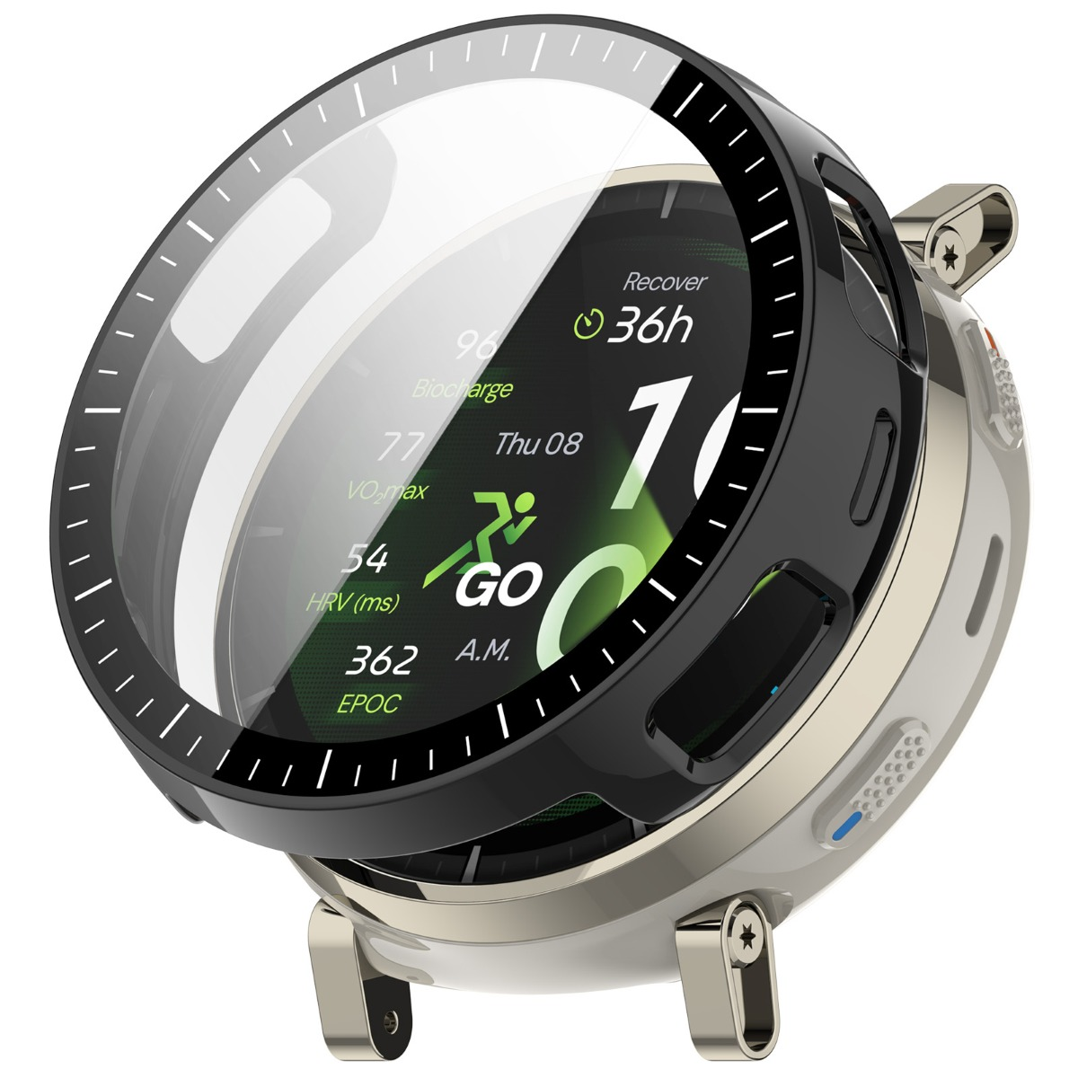 Uno smartwatch con cassa argentata e ghiera nera mostra dati di fitness, incluso il recupero.