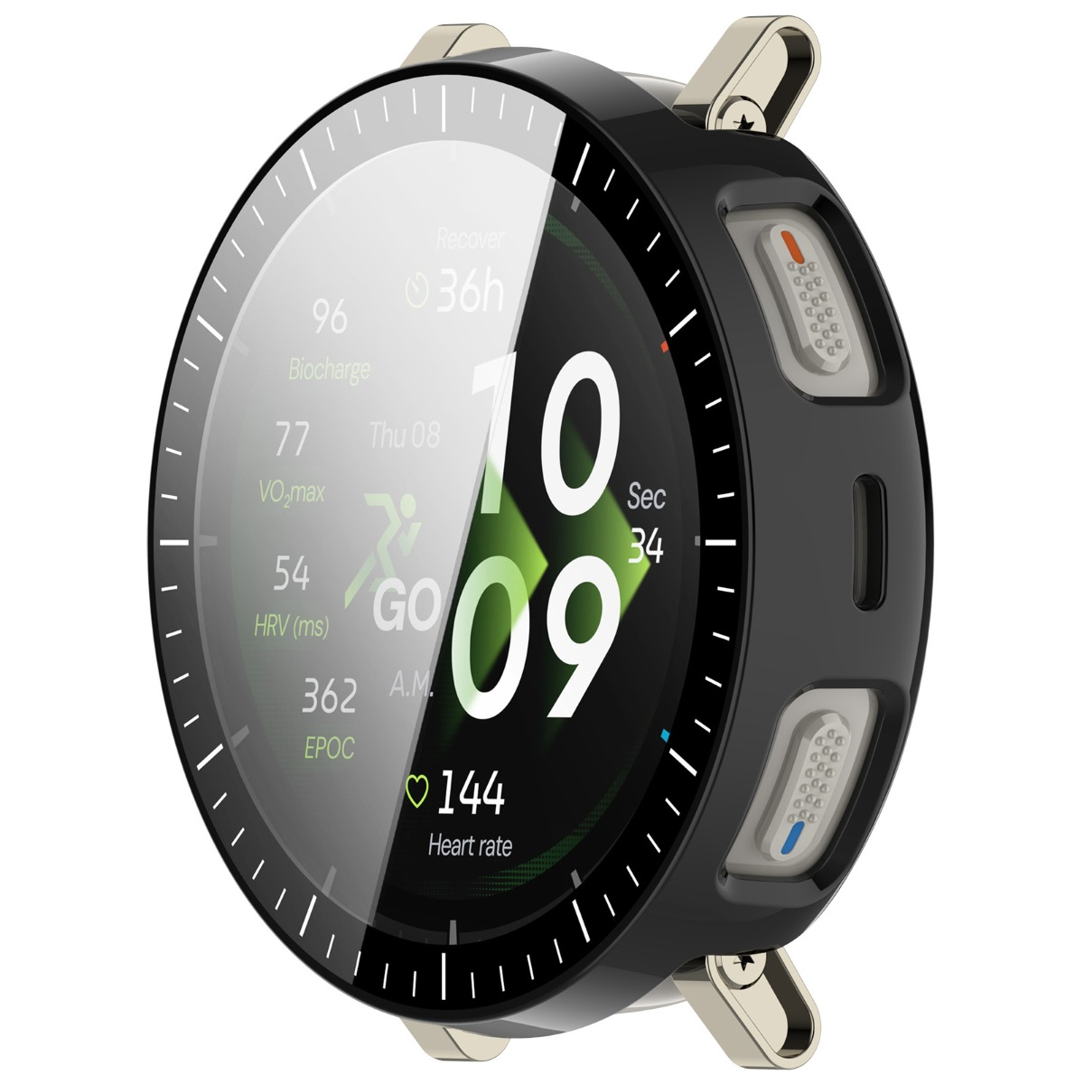 Smartwatch rotonda nera che mostra dati sportivi con anse argentate.