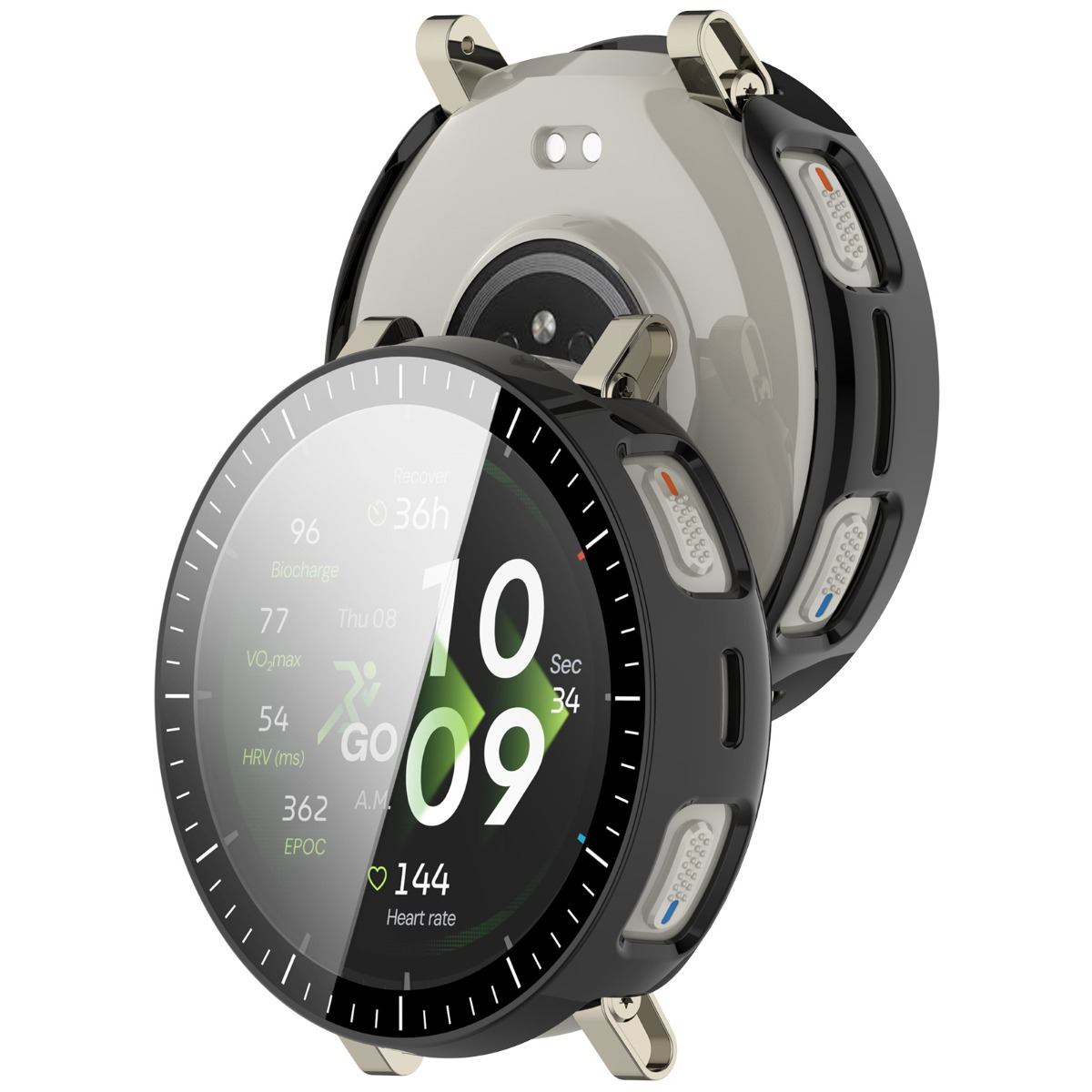 Uno smartwatch nero con retro grigio, che mostra metriche di salute come biocharge, VO2max, HRV, EPOC e frequenza cardiaca.