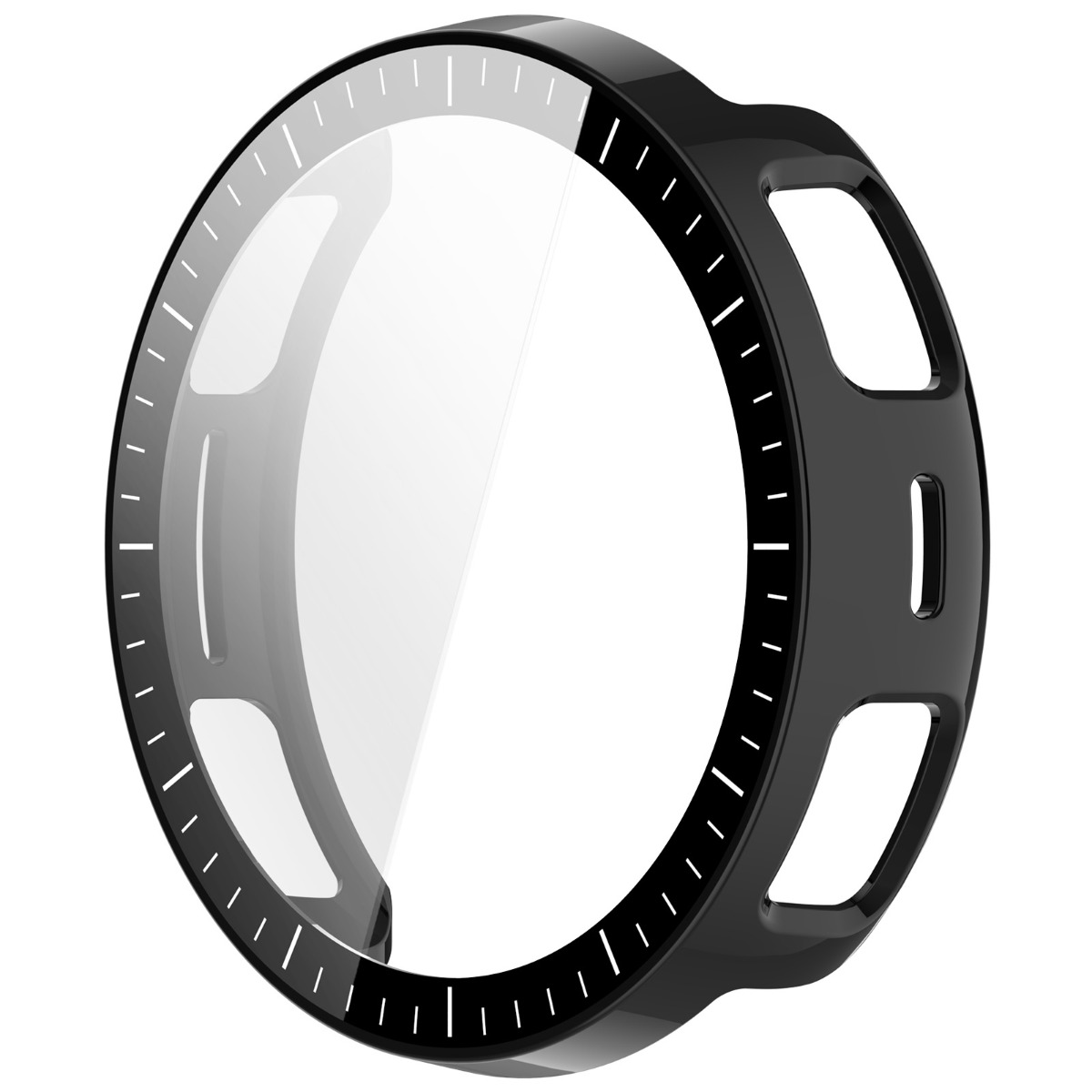 Protezione nera per orologio con segni e ritagli, su sfondo bianco.