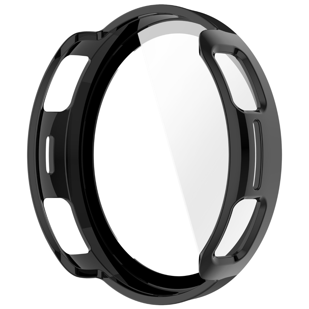 Una cassa circolare nera in plastica per orologio con protezione trasparente per lo schermo, con aperture laterali per pulsanti e sensori.