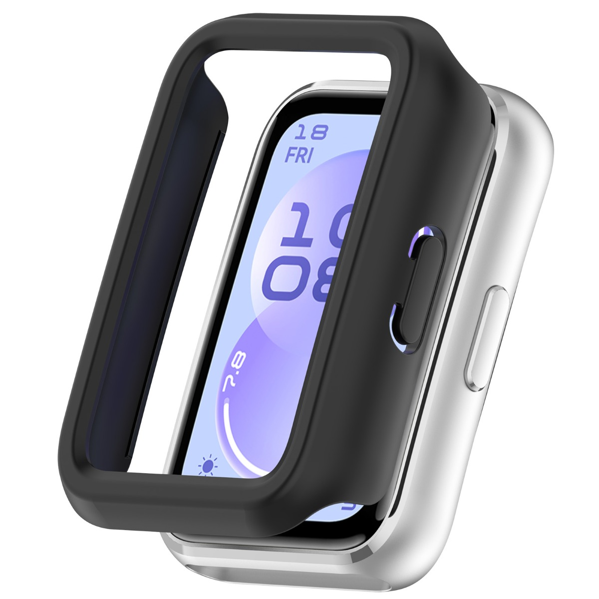 Smartwatch argento con cornice protettiva nera che copre parzialmente lo schermo.