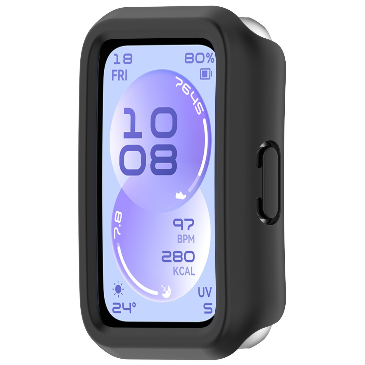 Smartwatch con cassa nera mostra ora, battito cardiaco, calorie e temperatura.