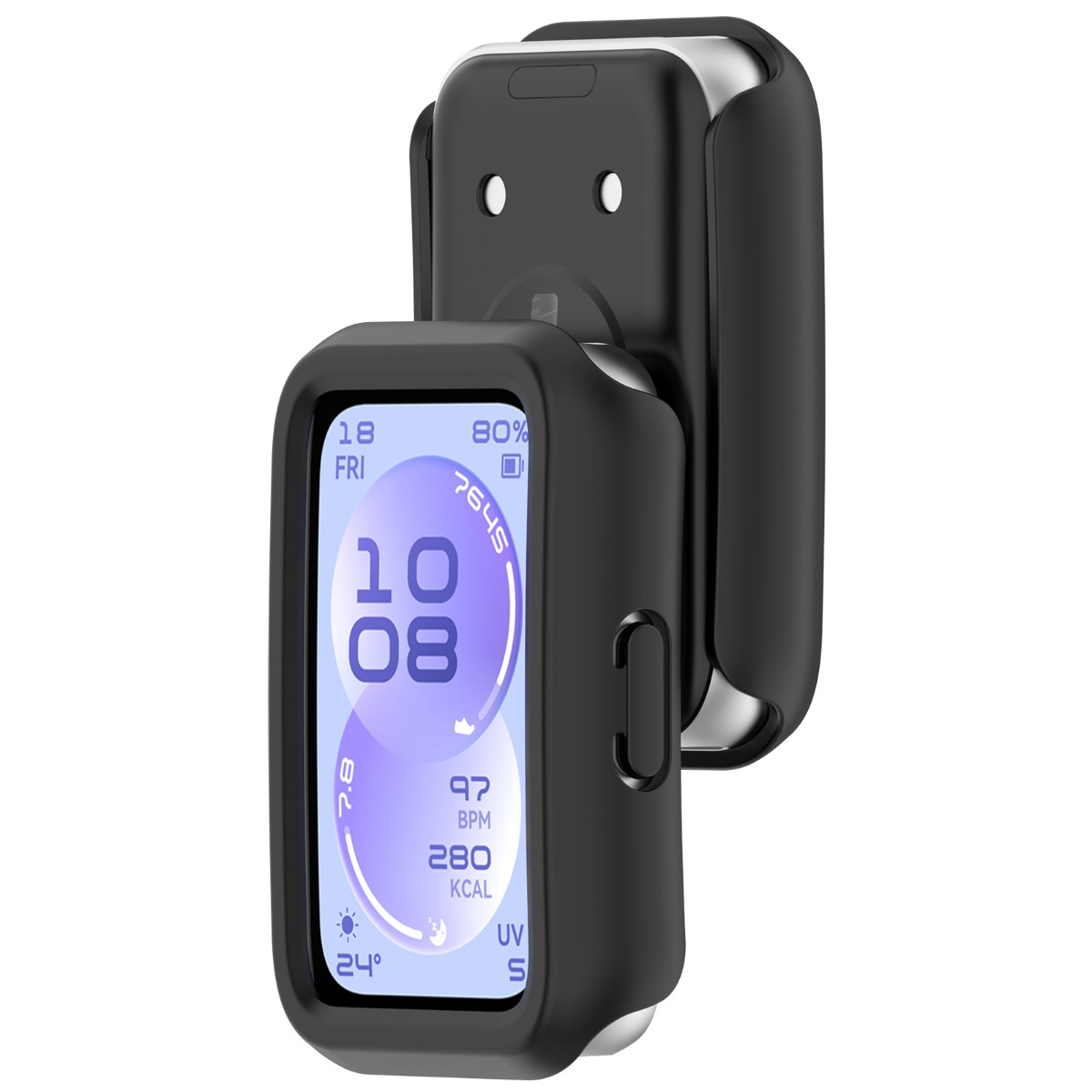 Protezione nera attorno a un braccialetto smart con display blu che mostra ora, data e dati sanitari.