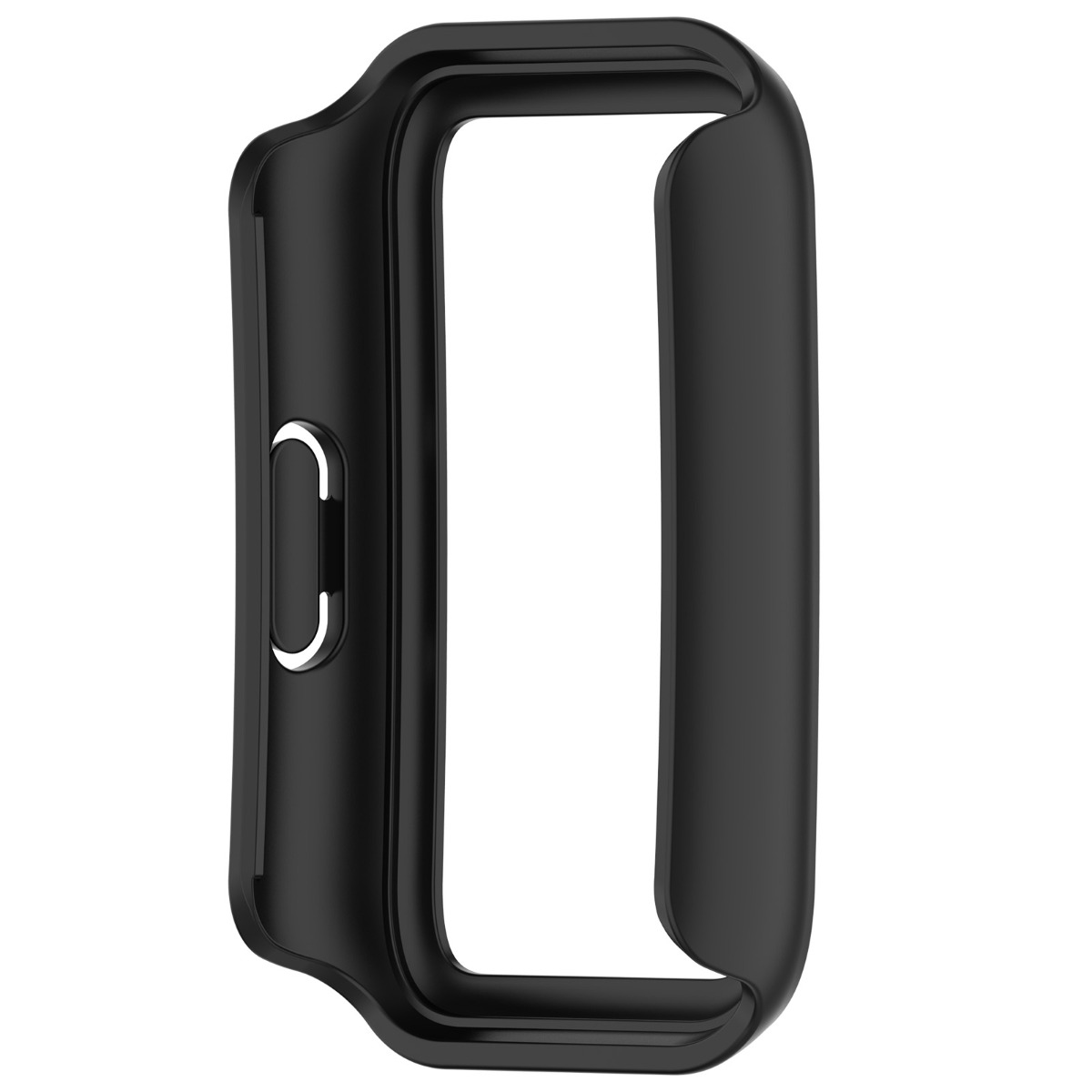 Una custodia protettiva nera per smartwatch è mostrata su sfondo bianco, con un'apertura per lo schermo.