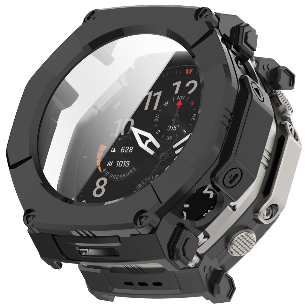 Uno smartwatch robusto nero e grigio con protezione schermo trasparente, che mostra altitudine e pressione atmosferica.