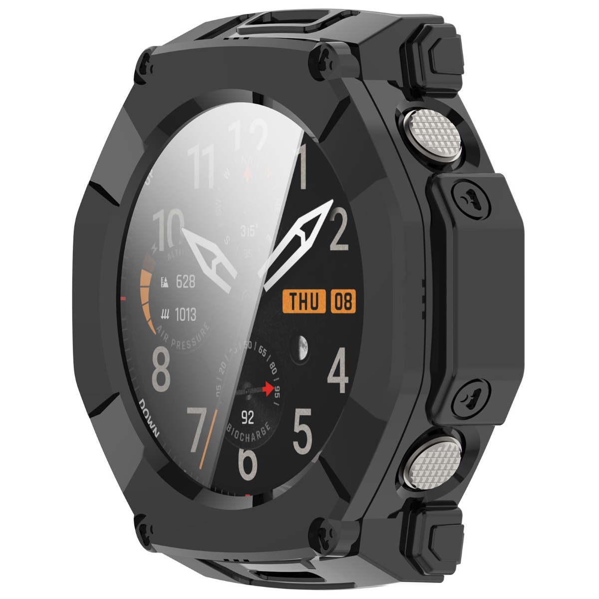 Smartwatch nero con cassa robusta e display digitale che mostra ora, data e dati sensore.