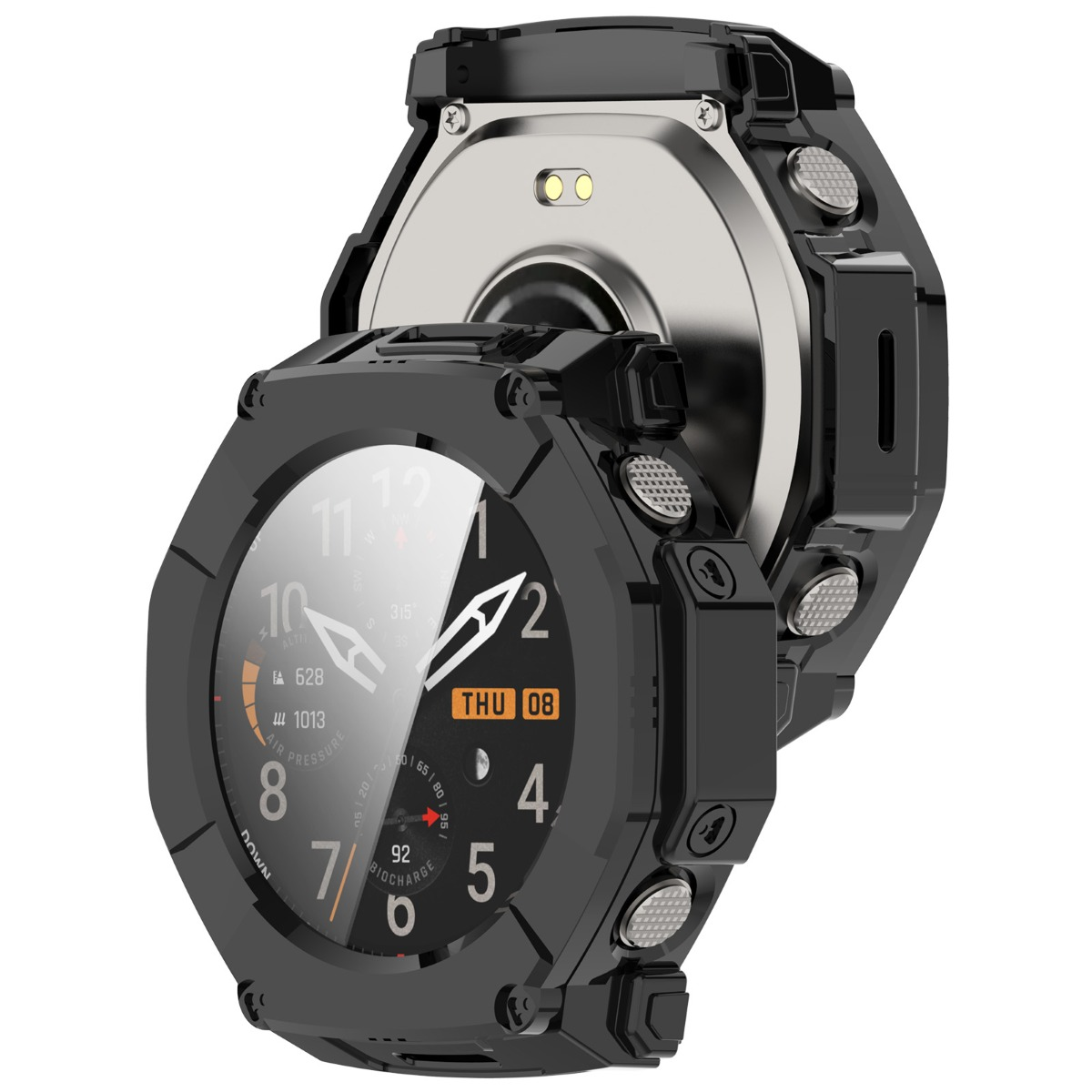 Uno smartwatch nero con display digitale che mostra ora, data, altitudine, pressione atmosferica e carica, inclinato su sfondo bianco.