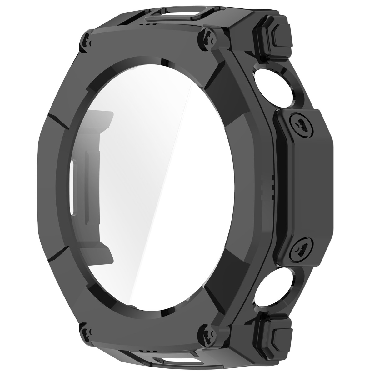 Custodia nera per orologio con area schermo trasparente e pulsanti.