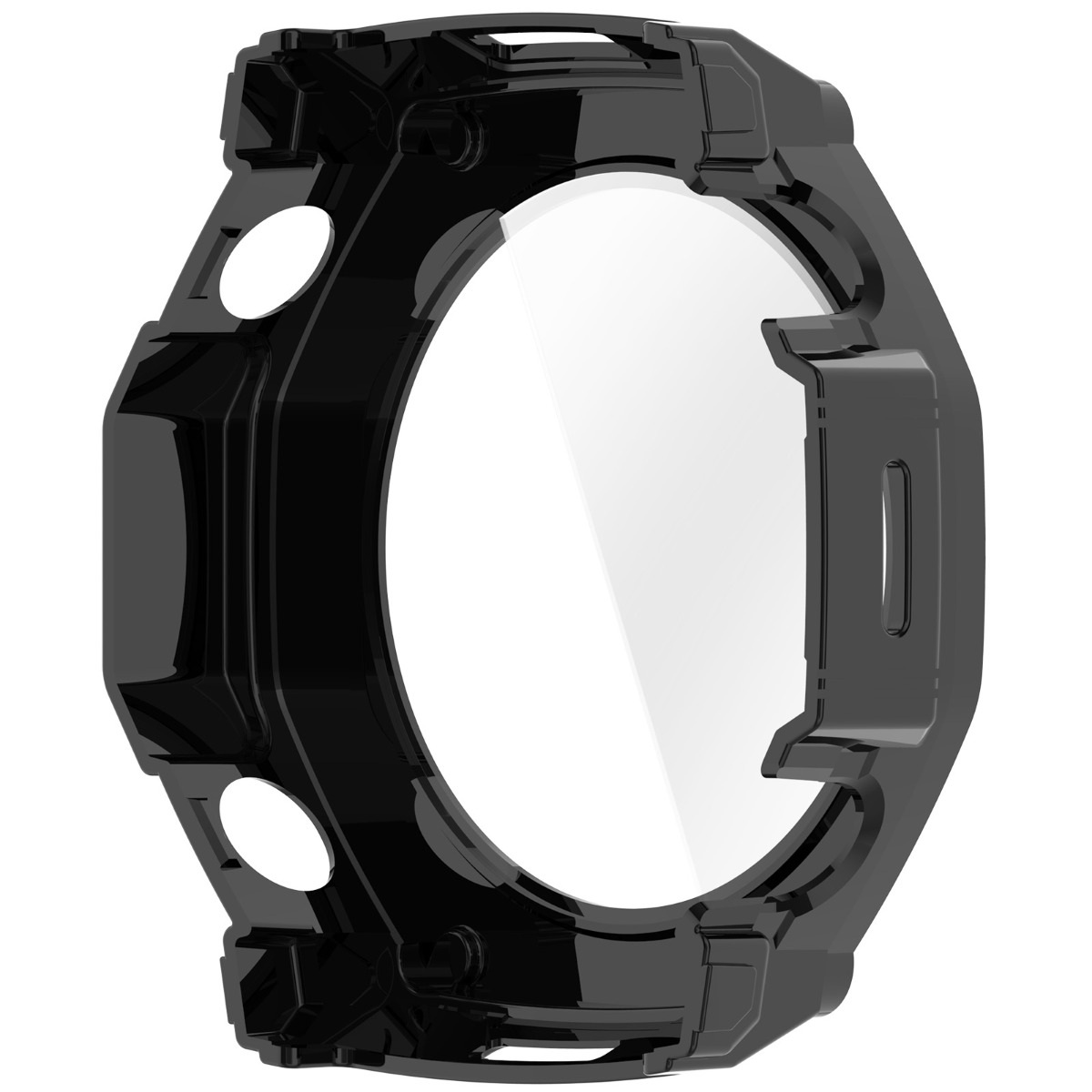 Una custodia protettiva nera lucida per smartwatch con protezione schermo trasparente, angolata su sfondo bianco.