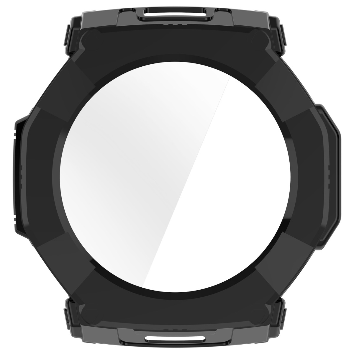 Cassa nera per smartwatch con area schermo bianca circolare.