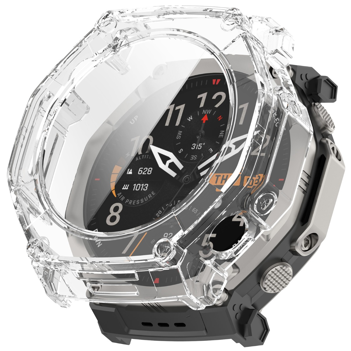 Una custodia protettiva trasparente circonda uno smartwatch con quadrante nero e accenti argentati.