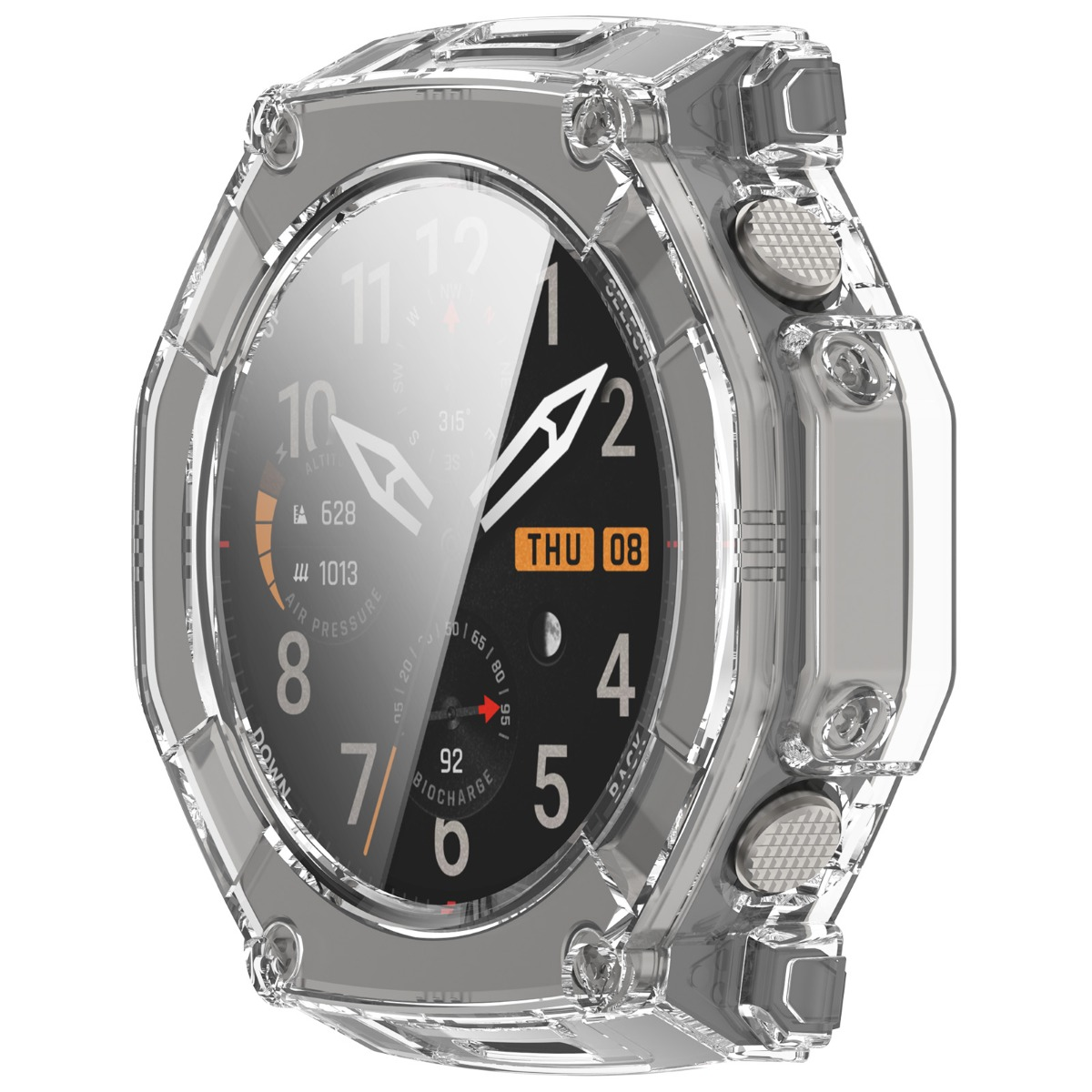 Una custodia protettiva trasparente circonda uno smartwatch con quadrante digitale che mostra data, altitudine e pressione.