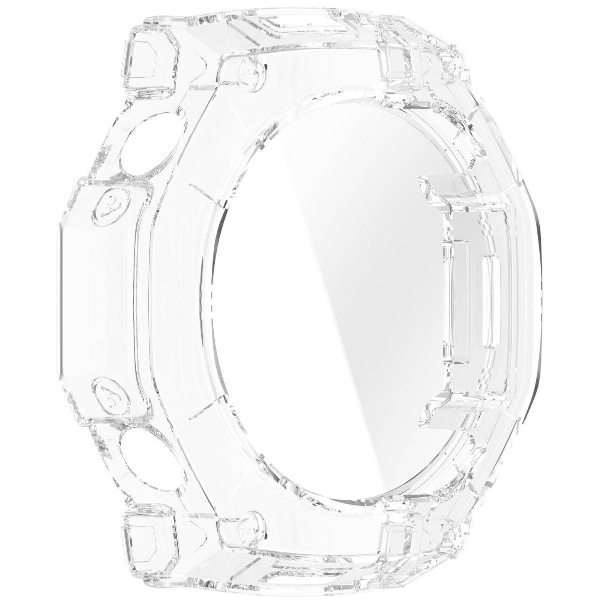 Una custodia protettiva trasparente e chiara per un dispositivo rotondo, probabilmente uno smartwatch.
