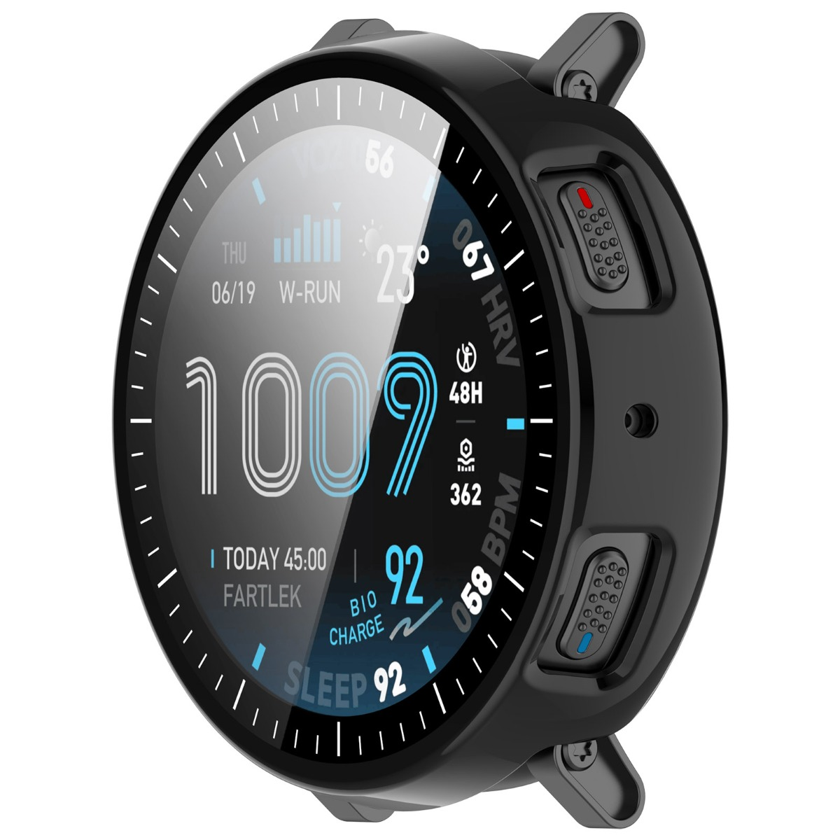 Schwarze Smartwatch mit rundem Display zeigt 100% Ladezustand, 23°C, 92 BPM Schlaf.