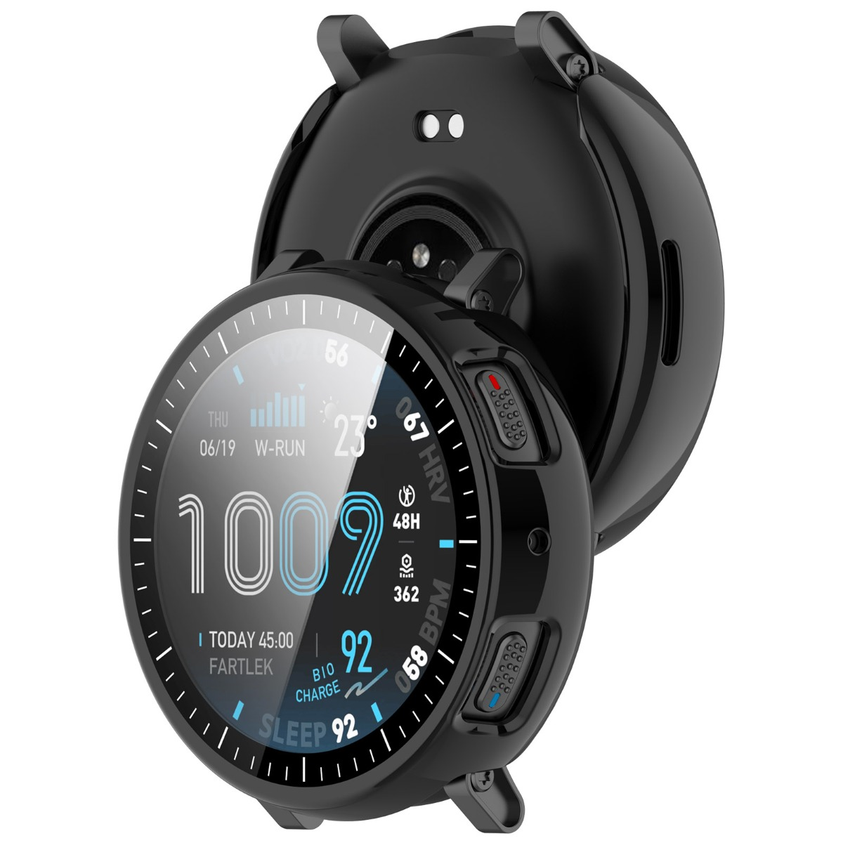 Schwarze Smartwatch mit rundem Display, das Schritte, Herzfrequenz und Schlafdaten anzeigt.