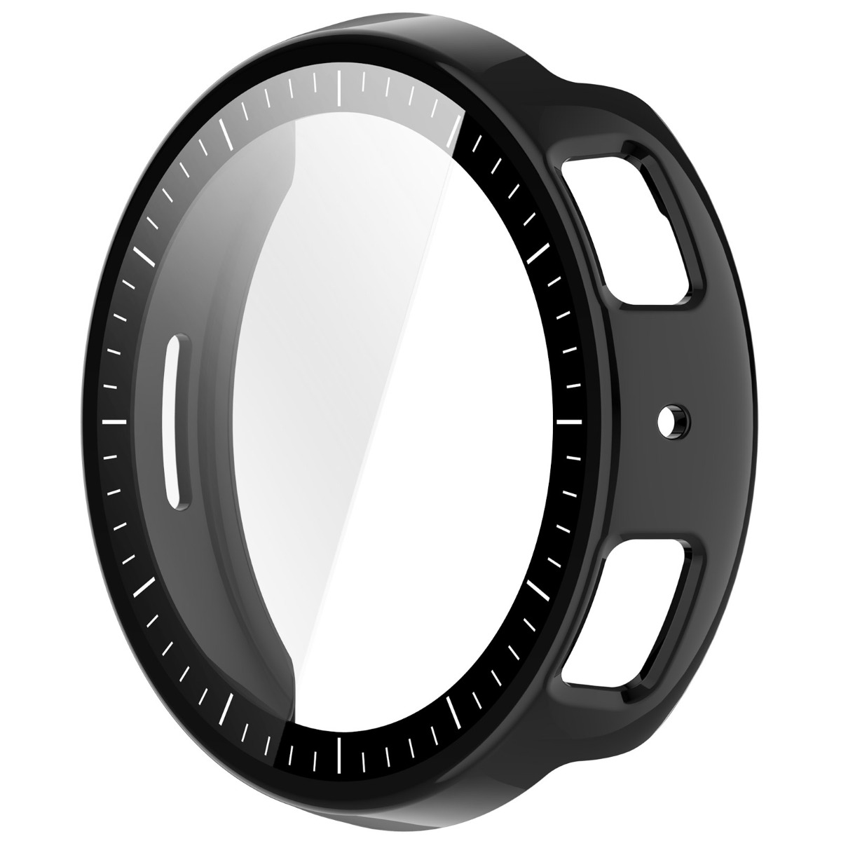 Ein schwarzes rundes Smartwatch-Gehäuse mit transparentem Displayschutz und Aussparungen für Tasten und Sensoren.